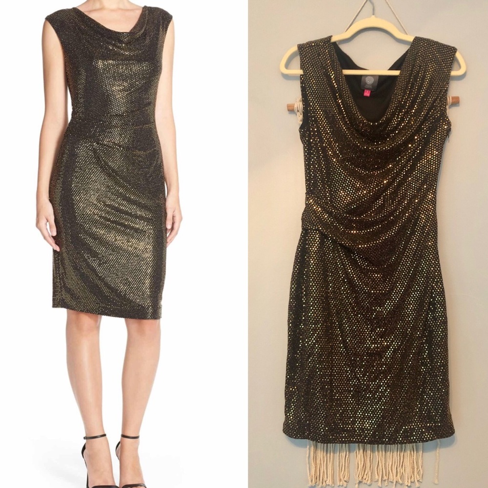 Vince Camuto Black & Gold Cowl Neck Sheath Dress